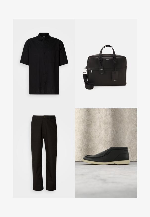 Schwarzes Kurzarmhemd aus Leinen mit Knopfverschluss, einer einzelnen Brusttasche und klassischem Kragen. Glatte Textur.; Schwarze Baumwollhosen mit geradem Schnitt, Gürtelschlaufen, einem Reißverschluss vorne und einem einzelnen Knopfverschluss. Glatte Textur ohne sichtbare Muster.; Schwarzer Lederschuh mit strukturierter Oberfläche, beiger Gummisohle, spitzer Zehe und schlanken Schnürsenkeln, schwebend über einem weichen beigen Teppich.; Schwarze Laptoptasche mit strukturierter Oberfläche, doppelten Griffen, abnehmbarem Schultergurt und Metallbeschlägen. Verfügt über zwei Anhänger und ein strukturiertes Design.