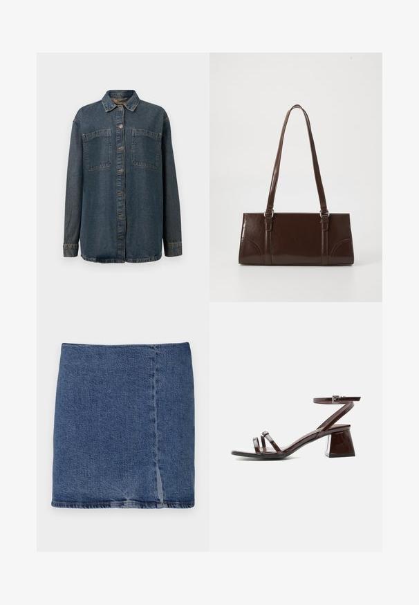 Mørkeblå denimskjorte med knaplukning fortil, to brystlommer, lange ærmer og klassisk krave. Blød tekstur med minimal slitage.; Good American Denimnederdele - indigo; Mørkebrune laklædersandal med blokhæl, ankelrem med spænde og to tynde remme over tæerne på hvid baggrund.; Brun lakeret håndtaske med rektangulær form, to lange håndtag og subtile buede detaljer på fronten.