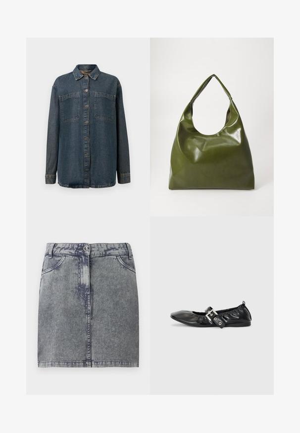 Mørkeblå denimskjorte med knaplukning fortil, to brystlommer, lange ærmer og klassisk krave. Blød tekstur med minimal slitage.; Grå denim minisukne med en falmet vask, der har forlommer, en knaplukning og en lige kant. Struktureret stof.; Sorte læder flade sko med spids tå, samling detaljer omkring åbningen, og en sølv spænde accent på den justerbare rem.; Grøn læder hobo taske med en slouchy design, buet håndtag og glat tekstur. Indeholder ingen synlig hardware eller accenter.