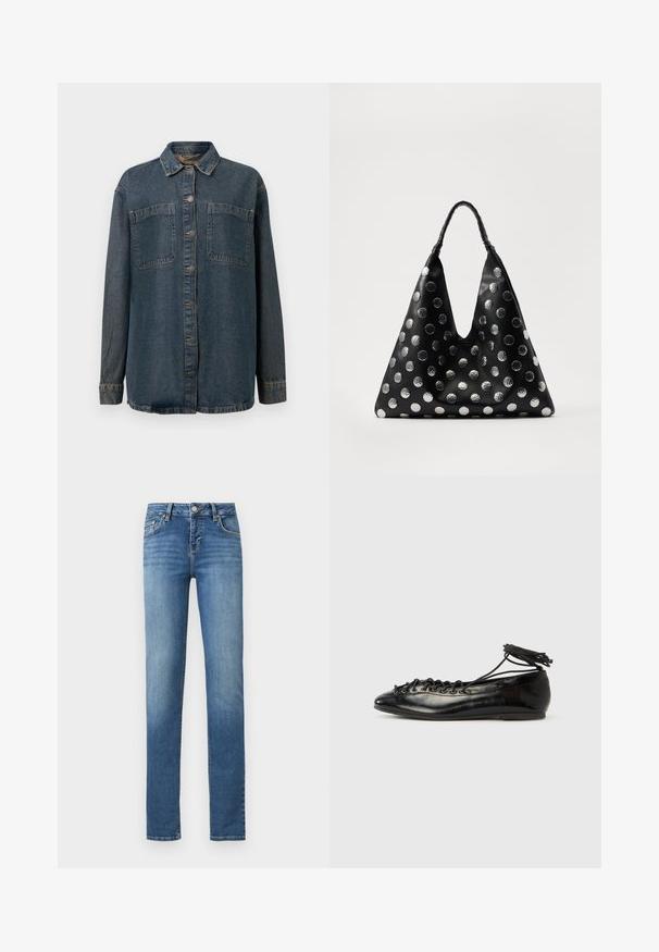Mørkeblå denimskjorte med knaplukning fortil, to brystlommer, lange ærmer og klassisk krave. Blød tekstur med minimal slitage.; Blå denimjeans med slim pasform, let falmet, med knap og lynlåslukning foran, bæltestropper og klassisk design med fem lommer.; Sorte balletflade sko i laklæder med rundet tå, snørelukning og flad sål. Glat tekstur med få detaljer.; Sort lædertaske med en trekantet form, udstyret med sølvfarvede metallic prikker og et tekstureret håndtag. Generelt glat finish.
