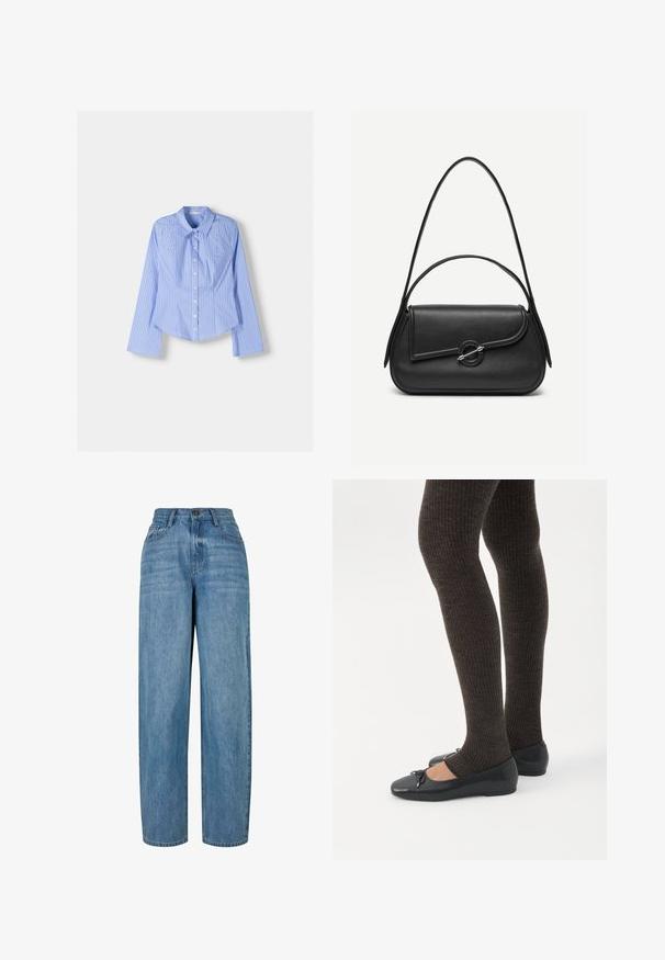 Blue and white striped long-sleeve button-up shirt with a spread collar, tailored fit, and curved hemline. Textured cotton material.; Light blue denim jeans with a straight leg design, featuring a button closure, five pockets, and subtle fading throughout the fabric.; Legs wearing dark ribbed leggings paired with black ballet flats featuring small bow details on a white background.; Black leather handbag with rounded edges, asymmetrical flap, metal circular clasp, and both short and long shoulder straps.
