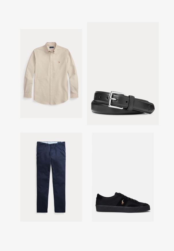 Béžová košeľa s dlhými rukávmi na gombíky, golierom, vyšívaným logom Polo Ralph Lauren na hrudi a manžetami s gombíkmi.; Tmavomodré pánske chinos nohavice so slim fit strihom, s pútkami na opasok, predným gombíkom a vreckami, zobrazené položené na bielom pozadí.; Čierne tenisky s textilným a semišovým zvrškom, okrúhlou špičkou, plochou gumovou podrážkou a vyšívaným logom na boku. Šnurovací dizajn so šiestimi očkami.; Čierny kožený opasok so striebornou obdĺžnikovou prackou, zrolovaný na bielom pozadí, s jemným vyrazeným logom na špičke.