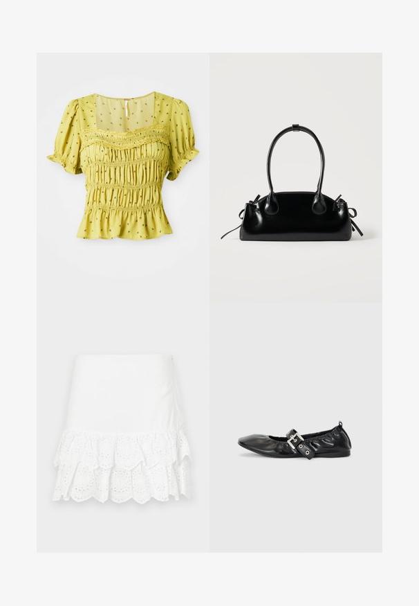 Gul bluse med korte ærmer med små blomsterprint, smocket korset, blonder på tværs af brystet og let flæset kant og ærmer.; Hvid bomuldsnederdel med lagdelt flæse-design og øjelet broderi i kanten. Glat tekstur, længde over knæet.; Sorte læder flade sko med spids tå, samling detaljer omkring åbningen, og en sølv spænde accent på den justerbare rem.; Lille sort blank håndtaske med to lange håndtag og snøre-detaljer i siden på en ensfarvet lys baggrund.