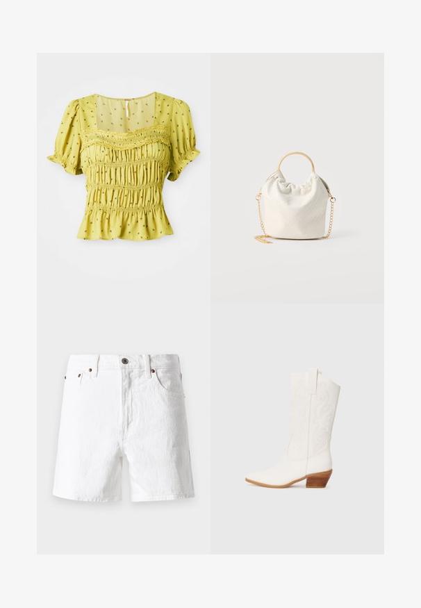 Gul bluse med korte ærmer med små blomsterprint, smocket korset, blonder på tværs af brystet og let flæset kant og ærmer.; Hvide denimshorts med klassisk design, fem-lomme stil, kobberknap-detaljer og en let tekstureret stoffinish.; Hvide western-stil ankelstøvler med spids tå, tekstureret stof, broderet design og en stablet træhæl.; Lille hvid vævet håndtaske med rund guldfarvet håndtag og guldkæde som rem, vist på neutral baggrund.