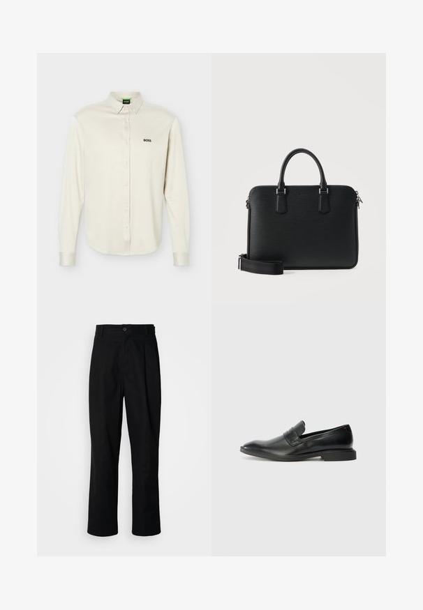 Chemise blanche à manches longues avec col, logo noir "BOSS" sur le côté gauche de la poitrine, et poignets à boutons, présentée sur un fond uni.; Pantalons noirs à jambes droites avec une taille à bouton, passants de ceinture et pli avant, présentés sur un fond blanc uni.; Mocassins en cuir noir avec une texture lisse, un nez pointu et un petit talon rectangulaire. Présente un détail de bande horizontale sur le dessus.; Mallette en cuir noir avec double poignée, bandoulière amovible et fermeture éclair sur le dessus, sur un fond clair uni.