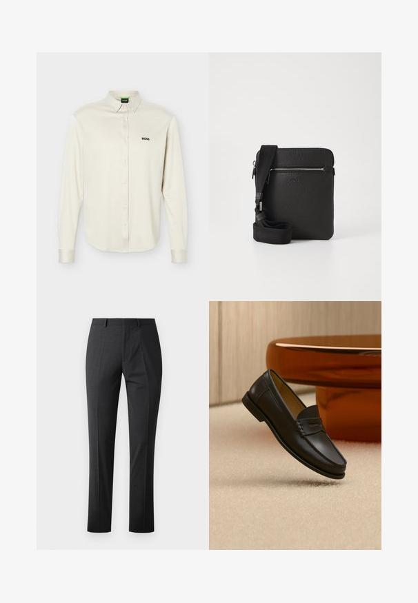 Chemise blanche à manches longues avec col, logo noir "BOSS" sur le côté gauche de la poitrine, et poignets à boutons, présentée sur un fond uni.; Pantalons gris foncé sur mesure avec une texture lisse, coupe slim, devant plat et taille standard. Présente des plis marqués et sans motifs visibles.; Chaussure mocassin en cuir noir suspendue au-dessus d’un tapis beige avec du mobilier moderne couleur ambre en arrière-plan.; Sac à bandoulière en cuir noir avec une surface texturée, poche avant zippée et une sangle en tissu réglable. Design simple et carré.