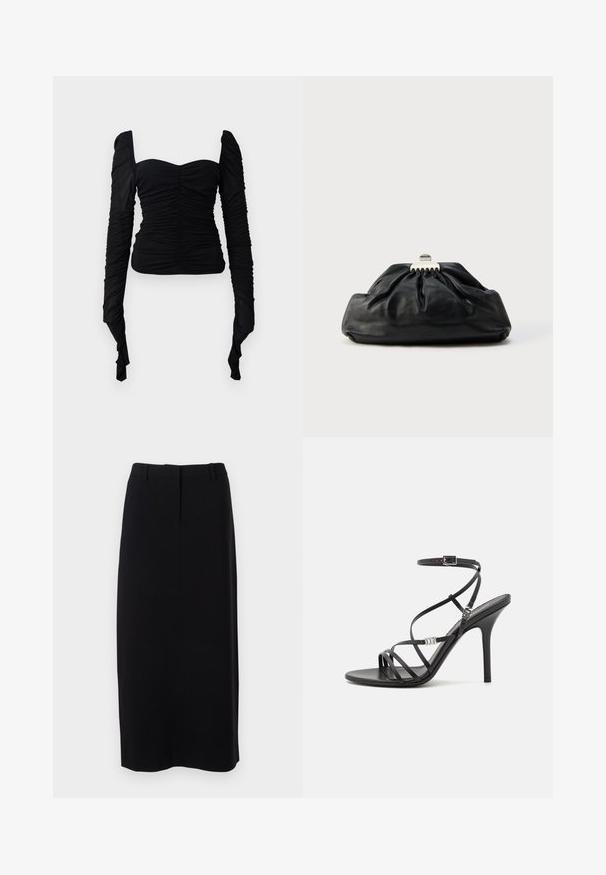 Sort langærmet top med en rynket tekstur, off-shoulder design og tætsiddende silhuet. Materialet virker strækbart og glat.; Sort, knælange blyantnederdel lavet af glat stof med en tætsiddende talje, der har diskrete foranlæg og ingen synlige lukninger.; Sort højhælet sandal med tynde stropper, en ankelspænde, en glat læderoverflade og en slank stilethæl.; Sort læderclutch med en samlet tekstur, metal lukning og diskret præget logo på forsiden. Rundet form.
