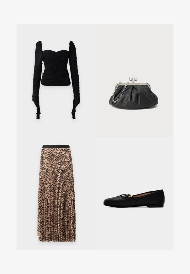 Sort langærmet top med en rynket tekstur, off-shoulder design og tætsiddende silhuet. Materialet virker strækbart og glat.; Plisseret maxinederdel i beige med sort leopardprint. Har en sort taljebånd, blød tekstur og flydende design.; Sort flad sko i læder med en tynd rem og lille guldfarvet hjerteformet spænde, rundet tå og lav hæl.; Sort læder clutch med samlet tekstur, sølvfarvet metalramme, kys-lås lukning og kædestrop. Glat, blød overflade.
