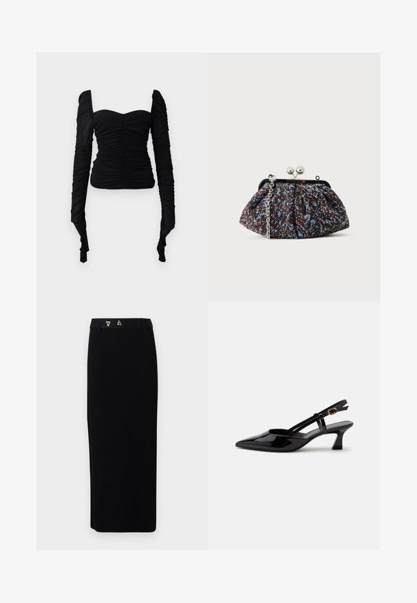 Sort langærmet top med en rynket tekstur, off-shoulder design og tætsiddende silhuet. Materialet virker strækbart og glat.; AERON FORUM - Pencil skirt - black; Sort laklæderslingback med lille hæl, spids tå og justerbar guldlåsrem på hvid baggrund.; Tekstureret sort stofclutch med flerfarvet blomsterprint, lukning med metalclips og sølvfarvet kæderem. Rund form og plisseret design.
