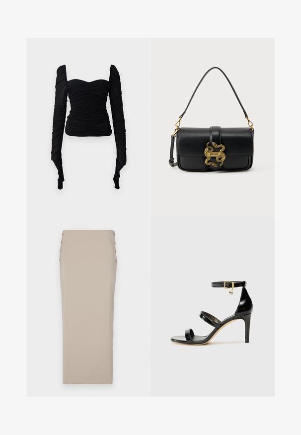 Sort langærmet top med en rynket tekstur, off-shoulder design og tætsiddende silhuet. Materialet virker strækbart og glat.; Beige blyantskørt lavet af glat stof, med knapper i siden, en strømlinet silhuet og uden synlige lommer eller mønstre.; Sorte patenterede lædersandaler med tre stropper, ankelspænde og 10 cm stiletthæl. Har detaljer i guld og et logo charms.; Sort skuldertaske i læder med guldfarvet dobbelt slange-lås og "Just Cavalli" logo på frontklappen.