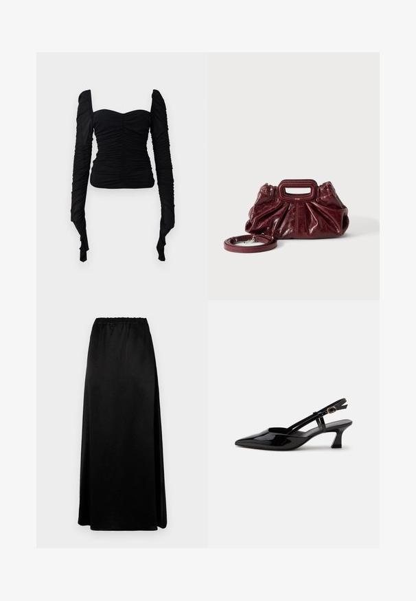 Sort langærmet top med en rynket tekstur, off-shoulder design og tætsiddende silhuet. Materialet virker strækbart og glat.; Lang sort nederdel med en glat, krøllet tekstur og en elastisk talje. Har en sideslids for nem bevægelse og en strømlinet silhuet.; Sort laklæderslingback med lille hæl, spids tå og justerbar guldlåsrem på hvid baggrund.; Lille mørkerød læderhåndtaske med opsamlet struktur, rektangulært håndudskåret håndtag og aftagelig skulderrem på hvid baggrund.
