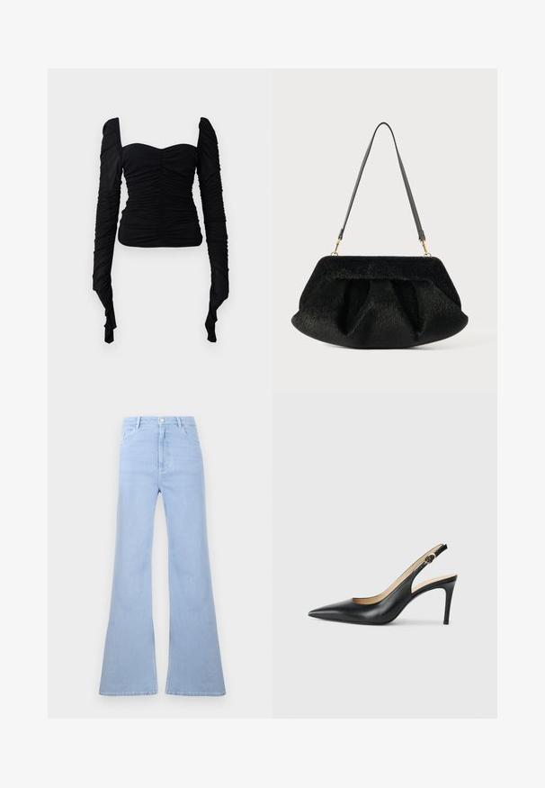 Sort langærmet top med en rynket tekstur, off-shoulder design og tætsiddende silhuet. Materialet virker strækbart og glat.; Lyseblå jeans med høj talje, vidde i benene, bæltestropper, forreste knaplukning og forlommer på hvid baggrund.; Sorte læder slingback højhælede sko med spids tå, justerbar rem og en slank stiletto hæl, der har en glat finish.; Sort tekstureret håndtaske med en blød, syntetisk pelsfinish. Har et samlet design, flad bund og en slank, justerbar læderrem. Guldhardware-accenter.