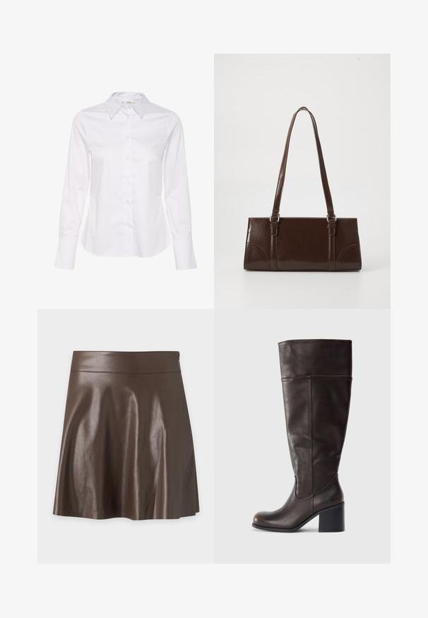 Chemise blanche à manches longues avec un col classique, une fermeture par boutons à l'avant et un ourlet droit. Fabriquée en tissu lisse avec un design épuré.; Jupe trapèze en cuir synthétique marron foncé avec une taille haute et une texture lisse légèrement brillante.; Botte en cuir marron hauteur genou avec un bout rond et un talon empilé. Présente une texture lisse et des coutures latérales.; Sac à main en cuir verni marron de forme rectangulaire, avec deux longues poignées et des accents courbés subtils à l'avant.