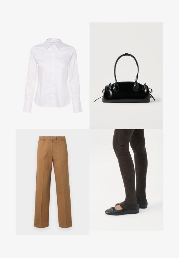Chemise blanche à manches longues avec un col classique, une fermeture par boutons à l'avant et un ourlet droit. Fabriquée en tissu lisse avec un design épuré.; Pantalons marron à jambes droites avec passants de ceinture, fermeture éclair à l'avant et pli au centre de chaque jambe sur un fond blanc.; Jambes portant des leggings côtelés foncés associés à des ballerines noires avec de petits détails en nœud sur fond blanc.; Petit sac à main noir brillant avec deux longues anses et des détails à cordon sur les côtés sur un fond clair uni.