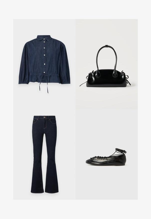 Blouse à manches longues en jean bleu foncé avec fermeture à boutons sur le devant, col, poignets froncés et taille ajustable par cordon.; Jean évasé bleu marine en denim, avec une taille ajustée, un design classique à cinq poches et des coutures contrastantes le long des coutures.; Ballerines en cuir verni noir avec un bout rond, un design à lacets et une semelle plate. Texture lisse avec peu de détails.; Petit sac à main noir brillant avec deux longues anses et des détails à cordon sur les côtés sur un fond clair uni.
