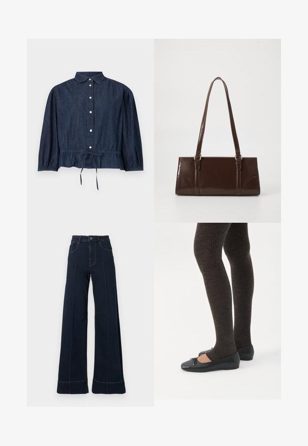 Blouse à manches longues en jean bleu foncé avec fermeture à boutons sur le devant, col, poignets froncés et taille ajustable par cordon.; Jean large bleu foncé à taille haute, avec des poches avant et des coutures visibles. Fabriqué en denim avec une texture lisse.; Jambes portant des leggings côtelés foncés associés à des ballerines noires avec de petits détails en nœud sur fond blanc.; Sac à main en cuir verni marron de forme rectangulaire, avec deux longues poignées et des accents courbés subtils à l'avant.