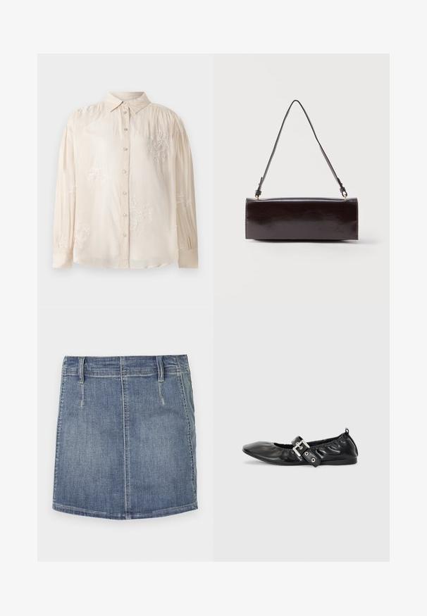 Beige Bluse mit langen Ärmeln und Knopfleiste, versehen mit weißen Blumenstickereien und gerafften Schulterdetails. Glatte Stofftextur.; Jeans-Minirock in Hellblau mit klassischem Schnitt. Verfügbar mit vorderen Taschen und Gürtelschlaufen, gerade geschnittenem Saum und dezentem Ausbleichen.; Schwarze Leder-Ballerinas mit spitzem Zehenbereich, gerafften Details am Schaft und einem silbernen Schnallenakzent am verstellbaren Riemen.; Rechteckige schwarze Ledertasche mit einem einzelnen langen Riemen und glänzendem Finish, vor einem schlichten weißen Hintergrund präsentiert.