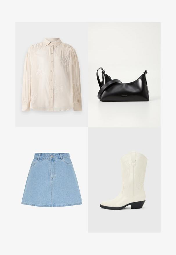 Blusa beige de manga larga con botones en la parte frontal, que presenta bordados florales blancos y detalles de hombros fruncidos. Textura de tela suave.; Falda línea A de denim azul claro con cierre frontal de botones y cremallera, presillas para cinturón y dos bolsillos delanteros.; Bota blanca de estilo occidental hasta la mitad de la pantorrilla, con punta puntiaguda, tacón apilado negro, costuras decorativas y tira para tirar en el eje.; Bolso de mano de cuero negro con una textura suave. Cuenta con una correa ajustable y un diseño elegante y minimalista con cierre de cremallera.