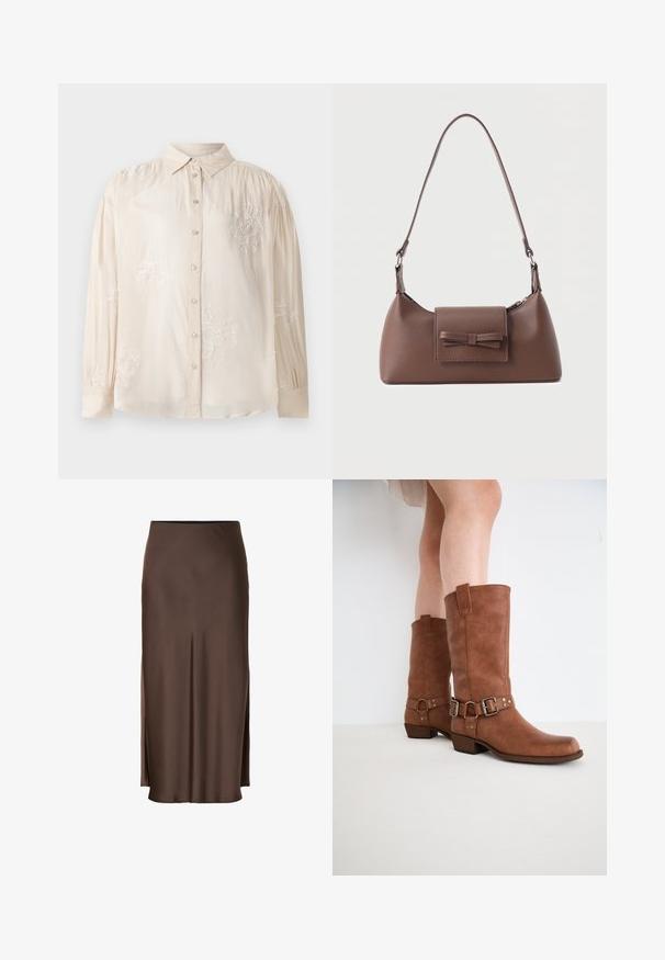 Beige Bluse mit langen Ärmeln und Knopfleiste, versehen mit weißen Blumenstickereien und gerafften Schulterdetails. Glatte Stofftextur.; Brauer Satinrock mit geradem Schnitt, der seitliche Schlitze für Bewegungsfreiheit und eine glatte Textur im gesamten Stoff bietet.; Braune Leder-Stiefeletten mit leicht spitz zulaufender Zehenpartie, dekorativen Schnallen und einem niedrigen gestapelten Absatz. Glatte Textur mit matter Oberfläche.; Braune Leder-Umhängetasche mit einer vorderen Klappentasche, die ein gestepptes Schleifendetail und einen verstellbaren Riemen aufweist.