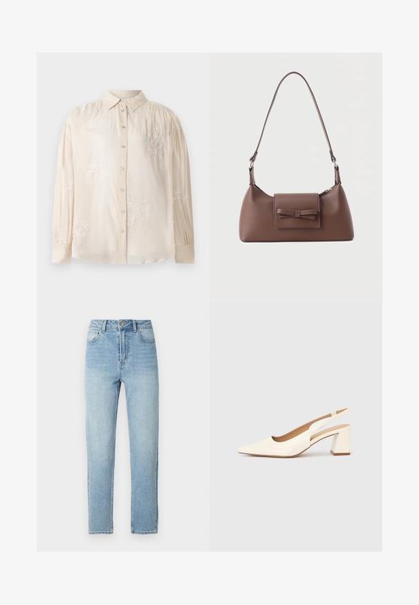 Beige Bluse mit langen Ärmeln und Knopfleiste, versehen mit weißen Blumenstickereien und gerafften Schulterdetails. Glatte Stofftextur.; Hellblaue Denim-Jeans mit geradem Schnitt, Fünf-Taschen-Design, Metallknopfverschluss und dezenten Whiskering-Details auf der Vorderseite.; Slingback-Pumps aus glänzendem cremefarbenem Lackleder, mit spitzer Schuhspitze und klobigem, quadratischem Absatz für Stabilität. Minimalistisches Design, ohne Verzierungen.; Braune Leder-Umhängetasche mit einer vorderen Klappentasche, die ein gestepptes Schleifendetail und einen verstellbaren Riemen aufweist.