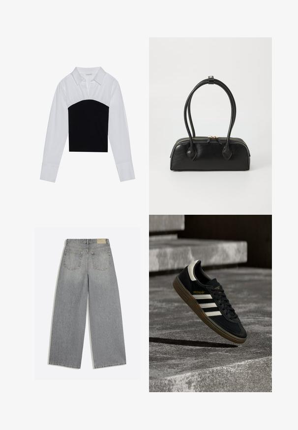 Even&Odd by Zalando Blouse - off-white/black; Jean en denim gris à jambes larges montrant l'arrière avec deux poches et des passants de ceinture, posé à plat sur fond blanc.; Baskets Adidas noires avec des bandes blanches et une semelle en gomme flottant au-dessus d'escaliers en béton gris sous une lumière naturelle.; Sac à main en cuir noir avec deux anses allongées, fermeture éclair et forme arrondie ; texture lisse avec une finition légèrement brillante.