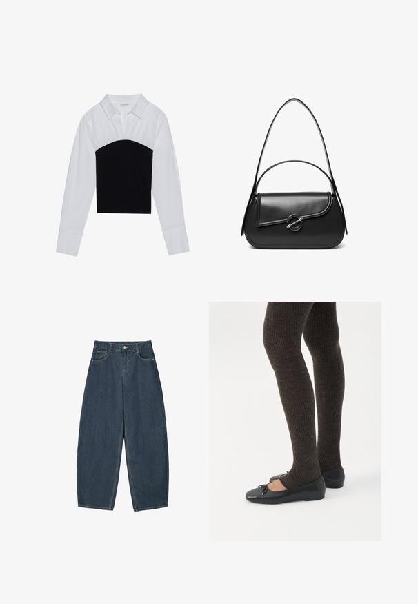 Even&Odd by Zalando Blouse - off-white/black; Jeans en denim bleu foncé à jambes larges avec une taille haute, dotés de cinq poches et de détails de couture visibles. Design épuré et minimal.; Jambes portant des leggings côtelés foncés associés à des ballerines noires avec de petits détails en nœud sur fond blanc.; Sac à bandoulière en cuir noir avec un rabat incurvé fermé par un fermoir métallique rond et une sangle fine et ajustable.