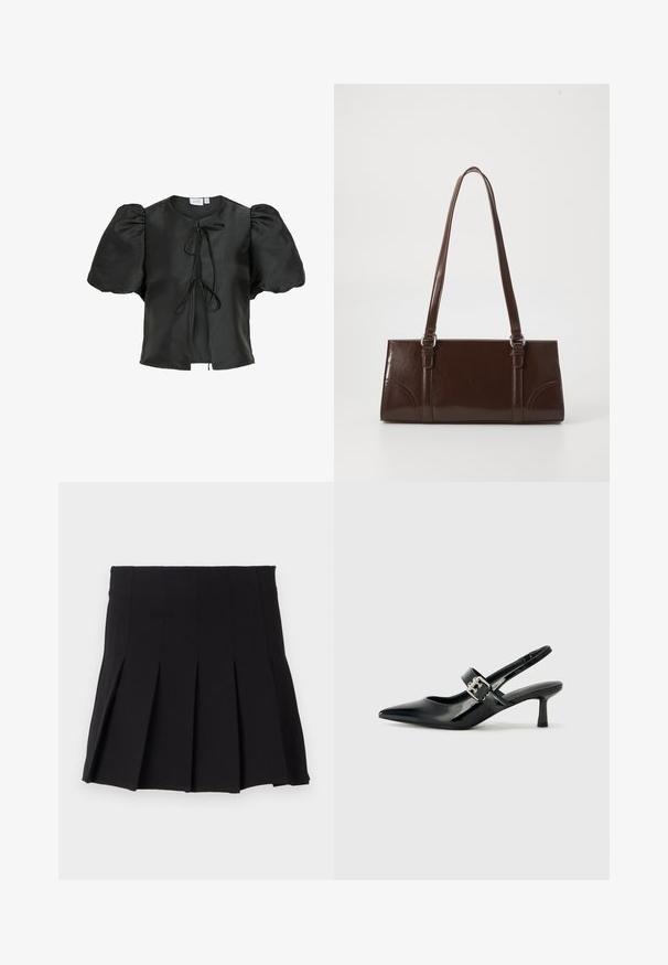 Blusa de satén negra con mangas cortas abullonadas, cuello redondo y cierre frontal con lazo. Textura suave y corte holgado.; Falda negra con pliegues, con una cinturilla ajustada, hecha de una tela suave. Presenta múltiples pliegues verticales para una silueta estructurada.; Zapatos de tacón en charol negro con tira al tobillo, punta afilada y un pequeño tacón bloque, que cuentan con un acento de hebilla plateada en la correa.; Bolso de mano de piel sintética marrón con forma rectangular, dos asas largas y sutiles acentos curvados en la parte delantera.