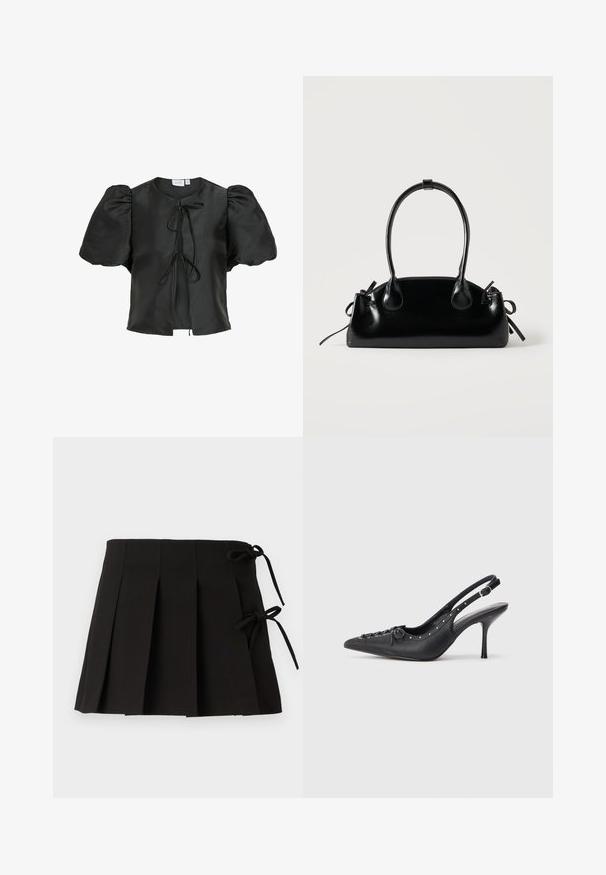 Blouse en satin noir avec des manches courtes bouffantes, un col rond et une fermeture à nouer à l'avant. Texture lisse et coupe décontractée.; Jupe plissée noire avec des liens sur les côtés, fabriquée dans un tissu à la texture lisse ; elle présente un design structuré et des lignes épurées.; Escarpin en cuir noir à talon aiguille avec un bout pointu, une bride latérale à boucle, des clous le long du bord et un laçage décoratif à l'avant.; Petit sac à main noir brillant avec deux longues anses et des détails à cordon sur les côtés sur un fond clair uni.
