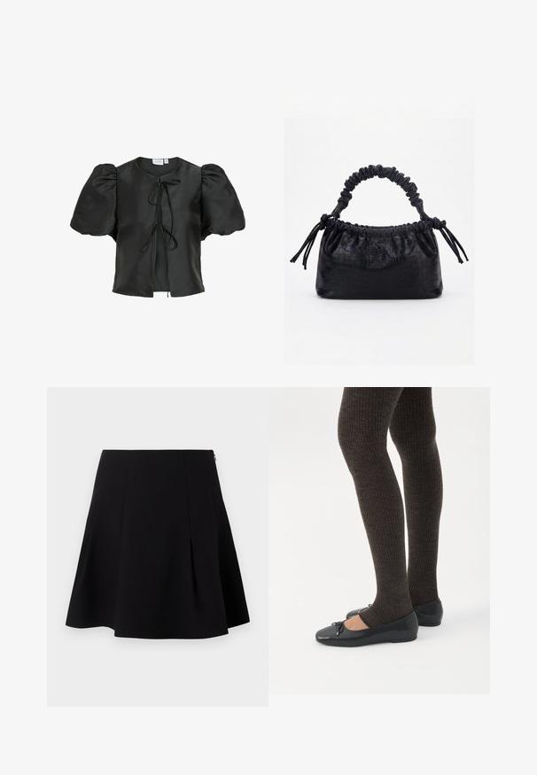 Blusa de satén negra con mangas cortas abullonadas, cuello redondo y cierre frontal con lazo. Textura suave y corte holgado.; Falda negra acampanada con pliegues en la parte delantera, una textura suave y un cierre de cremallera oculto en la parte trasera.; Piernas con leggings oscuros acanalados combinados con bailarinas negras que presentan pequeños detalles de lazo sobre un fondo blanco.; Bolso negro con textura de cocodrilo, borde superior fruncido, asa recogida y cordones con borlas en cada lado sobre un fondo blanco.