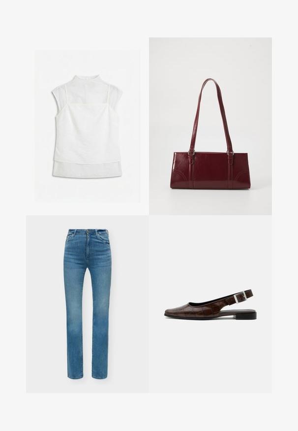 Blouse blanche sans manches à plusieurs couches avec col montant et superposition de tissu transparent sur le dessus et les manches, posée à plat sur un fond blanc.; Jean droit en denim bleu avec taille mi-haute, braguette zippée, boutonnière et poches devant et derrière.; Chaussure plate slingback en cuir marron foncé avec bout carré, texture crocodile et boucle argentée sur la bride.; Sac à main bordeaux en matériau brillant, de forme rectangulaire, avec deux anses et des accents légèrement courbés à l'avant.