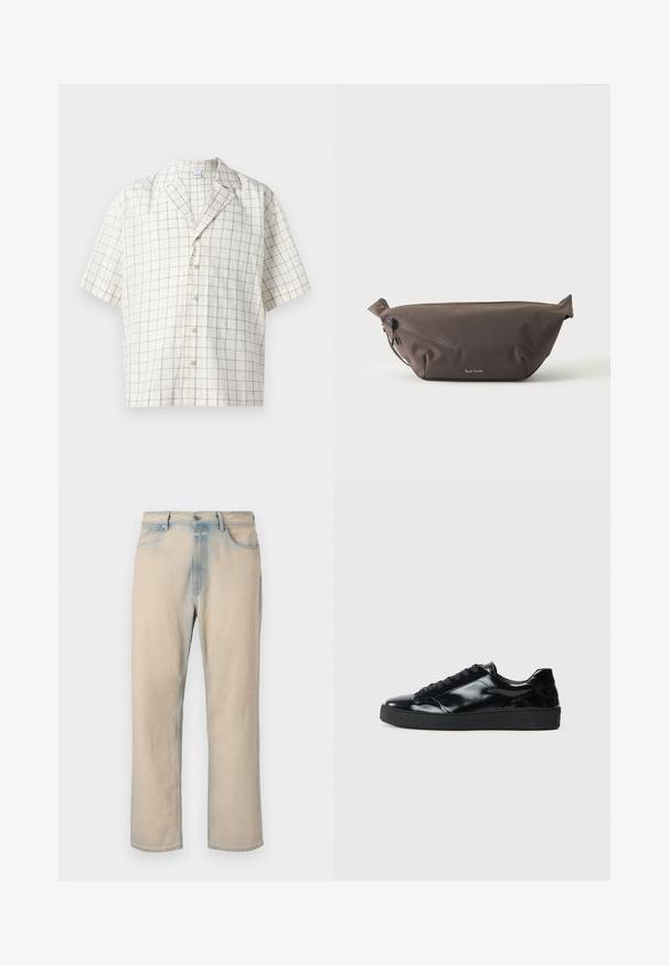 Kortærmet skjorte i et lyst beige stof med rutemønster. Har en spids krave og syv knaplukninger.; Lyse beige denim jeans med lige ben design, falmede blå detaljer, fem lommer og en knaplukning i taljen.; Sorte laklæder sneakers med rund tå, snørredesign, tekstureret gummisål og en glat overflade.; Mørkebrun stof talje taske med diagonalt lynlåslomme og lille hvidt logo på fronten, sat mod en ensfarvet lys baggrund.