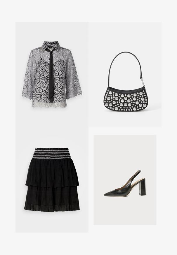 Blouse en dentelle argentée avec un nœud noir. Présente des manches cloche, des motifs floraux et un col pointu. Texture transparente avec un ourlet en dents de scie.; Jupe noire à volants en tissu plissé. Dotée d'une taille froncée avec des coutures en zigzag blanches. Design léger et fluide.; Chaussure slingback femme en cuir noir avec bout pointu et talon bloc épais et haut sur fond blanc.; Sac à main en cuir noir, de forme courbée, orné de clous en argent de tailles variées et doté d'une courte bandoulière. Logo "HUGO" imprimé à l'avant.