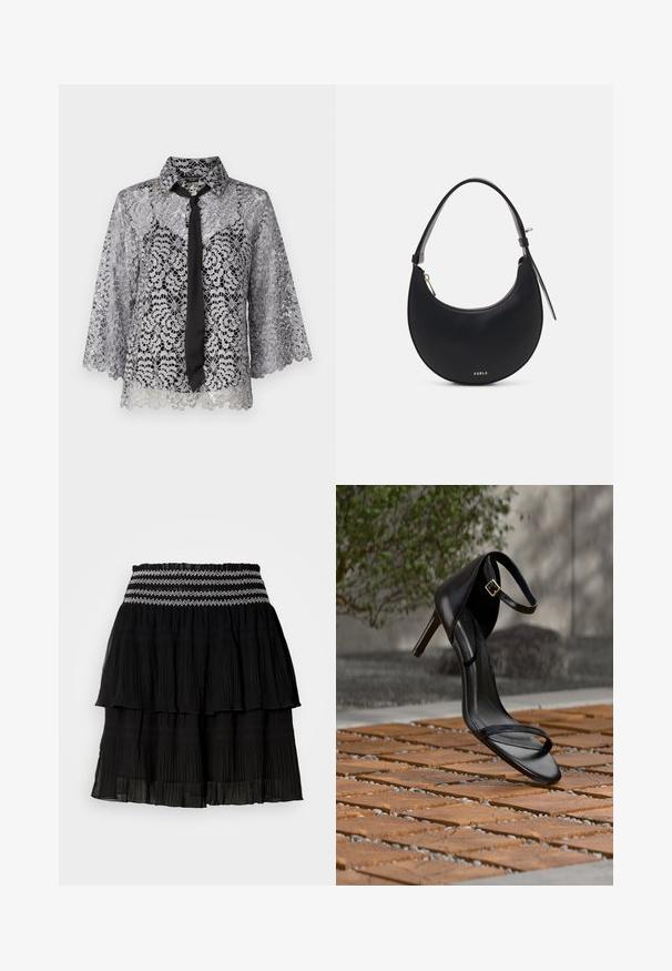 Blouse en dentelle argentée avec un nœud noir. Présente des manches cloche, des motifs floraux et un col pointu. Texture transparente avec un ourlet en dents de scie.; Jupe noire à volants en tissu plissé. Dotée d'une taille froncée avec des coutures en zigzag blanches. Design léger et fluide.; Sandale noire à talon haut avec sangle à la cheville, suspendue au-dessus d'un sol en carreaux de bois à l'extérieur, avec un arrière-plan flou de verdure et de pierre.; Sac à épaule en cuir noir, d'une forme courbée, avec fermeture éclair et quincaillerie dorée. Doté d'un logo à l'avant et d'une bandoulière fine.