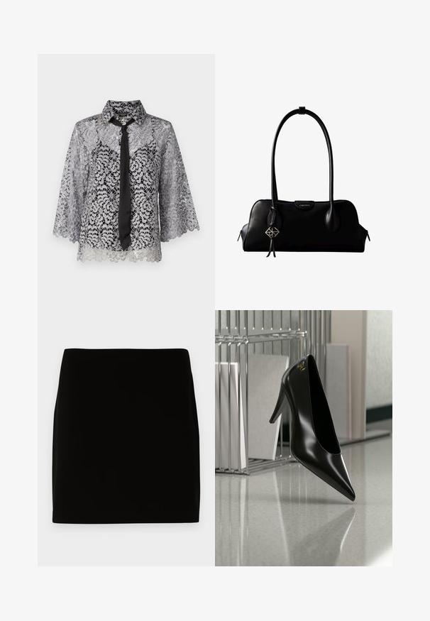 Blouse en dentelle argentée avec un nœud noir. Présente des manches cloche, des motifs floraux et un col pointu. Texture transparente avec un ourlet en dents de scie.; Jupe mini noire en tissu lisse, présentant un design simple sans coutures ni ornements visibles. Lignes épurées et coupe droite.; Chaussure noire à talon haut avec bout pointu et logo doré, posée sur une surface réfléchissante près d'un organiseur de dossiers en fil chromé contenant des documents.; Sac à main en cuir noir Calvin Klein avec de longues anses, une étiquette logo à l'avant et un charme géométrique argenté suspendu à une anse.