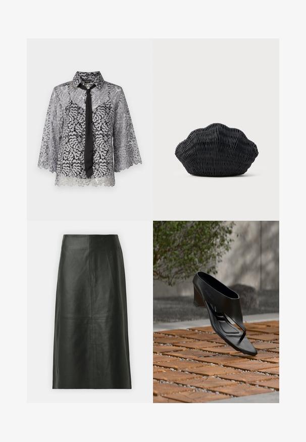 Blouse en dentelle argentée avec un nœud noir. Présente des manches cloche, des motifs floraux et un col pointu. Texture transparente avec un ourlet en dents de scie.; Jupe midi en cuir noir avec une coupe droite. Texture lisse, coutures minimales et taille ajustée. Pas de poches visibles ni de détails supplémentaires.; Sandale noire à talon haut avec une lanière entre les orteils, flottant au-dessus d'une surface extérieure en bois et gravier à motifs, avec un arrière-plan flou de verdure et un mur.; Sac à main en osier noir en forme de coquille Saint-Jacques avec un dessus courbé et une texture tressée sur un fond uni.