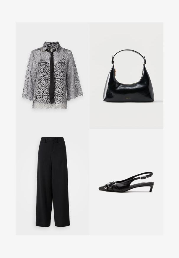 Blouse en dentelle argentée avec un nœud noir. Présente des manches cloche, des motifs floraux et un col pointu. Texture transparente avec un ourlet en dents de scie.; Pantalons large en noir en tissu lisse, avec une taille plate, des détails plissés et des passants de ceinture à la taille.; Chaussure slingback en cuir noir avec bout pointu, trois boucles argentées à l'avant et petit talon kitten sur fond blanc.; Sac à main Calvin Klein noir brillant avec fermeture éclair dorée et anse courte sur fond blanc uni.