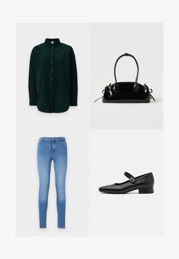 Chemise en velours côtelé vert foncé avec un col boutonné, une poche avant et des manches longues, dotée d'un tissu texturé et d'une coupe classique.; Jean skinny en denim bleu clair, avec une taille mi-haute, un design à cinq poches et une couture ton sur ton, le tout avec une texture lisse.; Chaussures Mary Jane en cuir noir avec un embout en vernis, une sangle cheville réglable et un petit talon carré. Texture lisse et design élégant.; Petit sac à main noir brillant avec deux longues anses et des détails à cordon sur les côtés sur un fond clair uni.