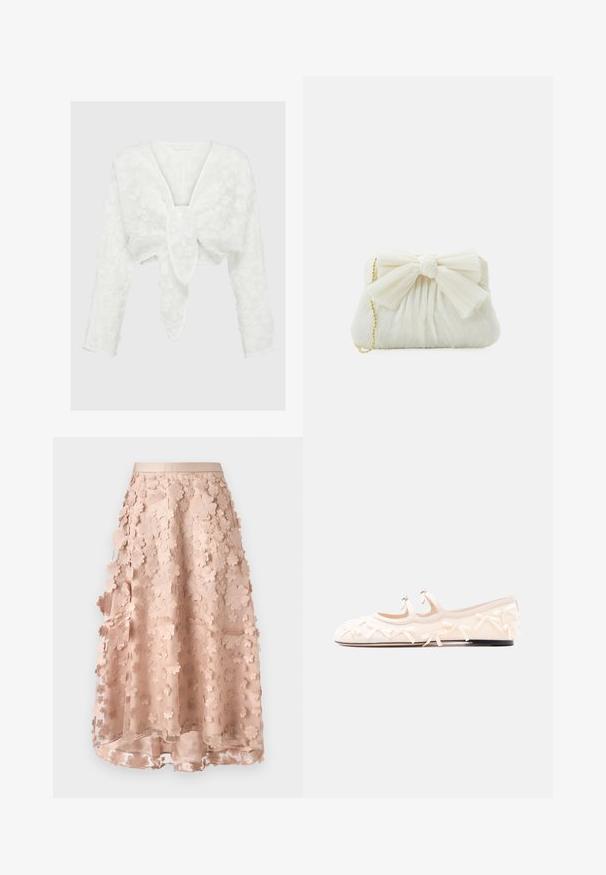 Blouse blanche cropped avec un décolleté en V profond, des manches longues et un motif floral texturé. Détail de nœud décoratif à l'avant. Matériau doux et léger.; Jupe midi rose clair avec appliques florales 3D, superposition transparente et taille élastique.; Chaussure plate de couleur crème avec deux brides, ornée de petits nœuds, et une semelle noire sur un fond blanc uni.; Sac à main plissé blanc avec un nœud proéminent et une chaîne dorée. Texture douce avec un design froncé à l'avant.