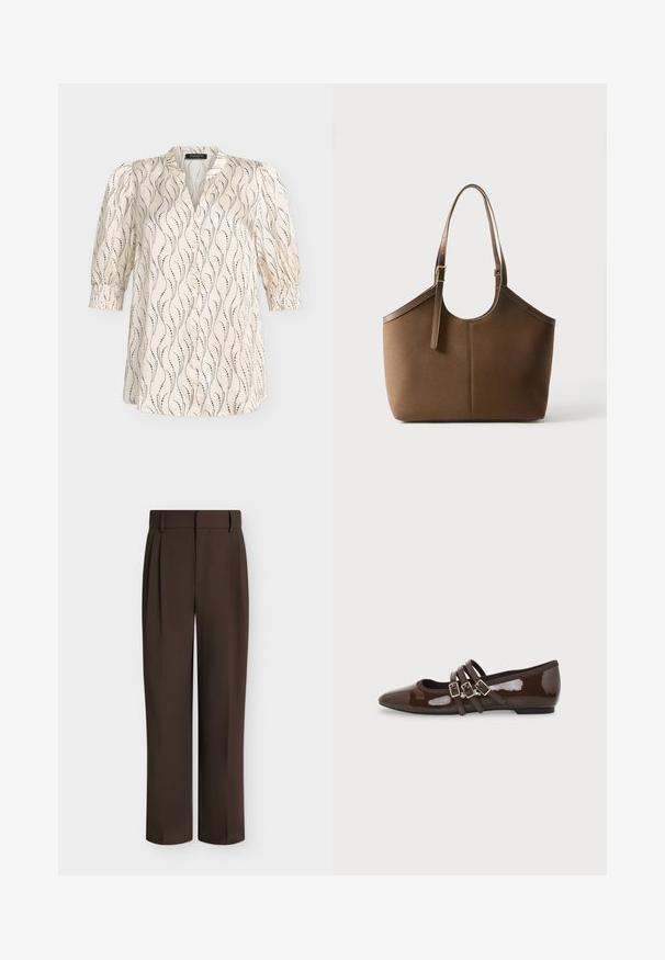 Blouse beige clair avec des lignes florales abstraites noires, manches trois-quarts bouffantes, devant boutonné et poignets froncés.; Pantalon formel coupe droite marron foncé avec passants de ceinture et plis à l'avant, présenté sur un fond clair uni.; Chaussure plate en cuir verni marron avec bout pointu et trois brides ajustables à boucle sur le côté, vue du profil extérieur.; Sac cabas en cuir marron avec bandoulière ajustable et boucle dorée, texture lisse, présenté sur fond blanc uni.