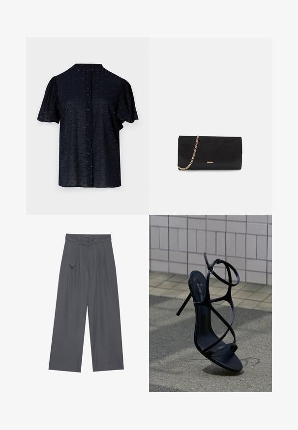 Marineblauwe blouse met korte mouwen, met opgeblazen mouwen, ronde halslijn, knoopsluiting aan de voorkant en een textuurpatroon met kleine geborduurde accenten.; Wijde broek van donkergrijze stof met een ceintuur in de taille, voorzien van voorplooien en een gladde textuur. Geen extra patronen of accenten.; Zwarte hoge hak sandaal met dunne bandjes en enkelriem, rechtop geplaatst op grijs trottoir bij een achtergrond van betegelde muur.; Zwarte clutch tas gemaakt van suede met een textuurafwerking, voorzien van een gouden schouderband en een strakke, hoekige vorm.