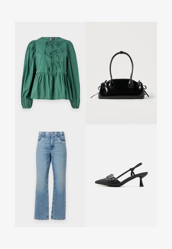 Blouse verte à manches longues en coton, avec un col rond, des liens décoratifs à l'avant et une taille froncée pour une silhouette évasée.; Good American GOOD ICON STUDDED - Jean droit - indigo; Simmi London DALA - Escarpins - black; Petit sac à main noir brillant avec deux longues anses et des détails à cordon sur les côtés sur un fond clair uni.