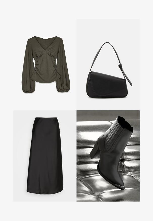 Olijfgroene blouse met textuur, lange poeffmouwen, V-hals, gerimpeld lijfje en een licht uitlopende zoom.; Zwarte satijnen midi-rok met een gladde textuur, A-lijn vorm en een subtiele glans. Heeft een slank, eenvoudig ontwerp zonder versieringen.; Zwarte leren enkelboot met een hoge hak, voorzien van verticale stiksels en een glanzend zilveren accent op de neus, tegen een metallic achtergrond.; Zwart leren handtas met een driehoekige vorm, schuine klep en een ronde handgreep. Heeft een gladde textuur en minimalistische ontwerpelementen.