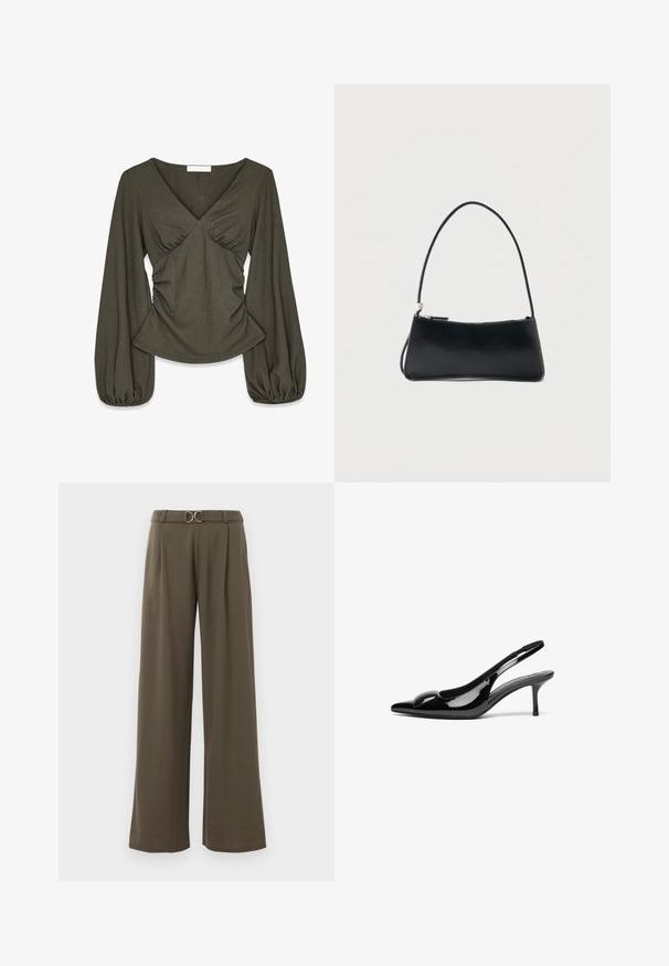 Olijfgroene blouse met textuur, lange poeffmouwen, V-hals, gerimpeld lijfje en een licht uitlopende zoom.; Wijde broek in donker olijfgroene stof met een ceintuur en een gouden ronde gesp, en plooien aan de voorkant voor extra detail.; Zwarte gepatineerde leren slingback hakken met een puntige neus en een glanzende afwerking. Heeft een slanke hak en een ronde accent op de bovenkant.; Zwart rechthoekig handtasje met een dunne band en ritssluiting, afgebeeld tegen een effen witte achtergrond.