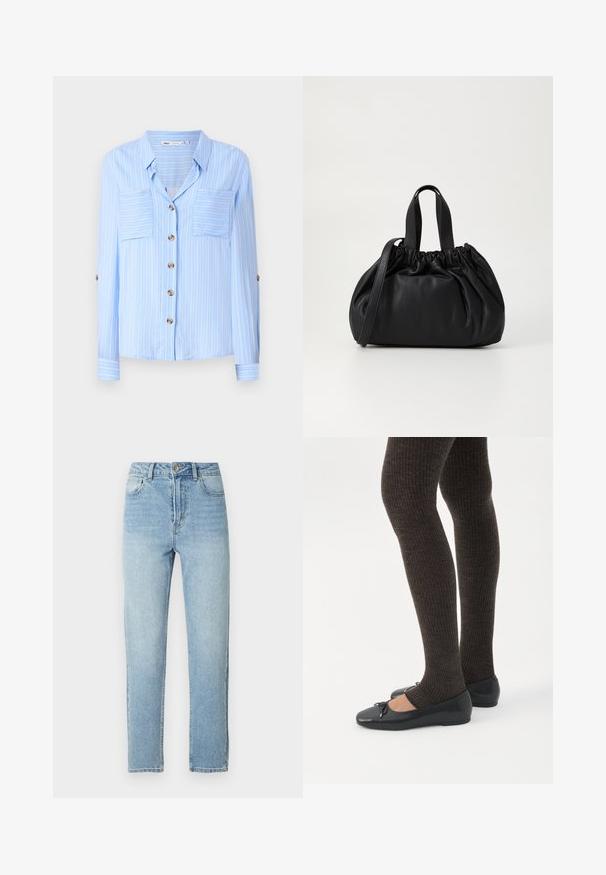 Lys blå langærmet skjorte med lodrette hvide striber, to brystlommer og brune knapper ned foran. Blødt stof med en glat tekstur.; Lyseblå denimjeans med lige ben, fem-lomme-design, metalknaplukning og diskrete slidningsdetaljer foran.; Ben iført mørke ribbede leggings kombineret med sorte balletsko med små sløjfedetaljer på hvid baggrund.; Sort læderhåndtaske med en samlet topdesign, der har to korte håndtag og en lang justerbar rem. Glat overflade, rund form.