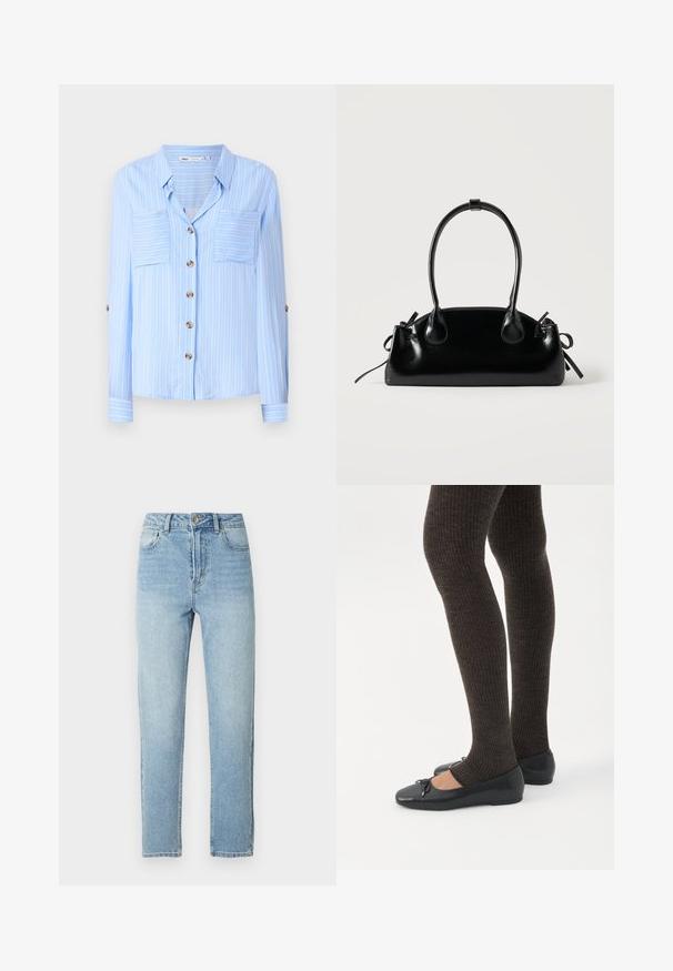 Lys blå langærmet skjorte med lodrette hvide striber, to brystlommer og brune knapper ned foran. Blødt stof med en glat tekstur.; Lyseblå denimjeans med lige ben, fem-lomme-design, metalknaplukning og diskrete slidningsdetaljer foran.; Ben iført mørke ribbede leggings kombineret med sorte balletsko med små sløjfedetaljer på hvid baggrund.; Lille sort blank håndtaske med to lange håndtag og snøre-detaljer i siden på en ensfarvet lys baggrund.