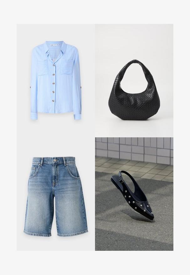 Hellblaues Langarmhemd mit vertikalen weißen Streifen, zwei Brusttaschen und braunen Knöpfen auf der Vorderseite. Weicher Stoff mit glatter Textur.; Hellblaue Denim-Shorts mit geradem Schnitt, fünf Taschen und bronzefarbenen Beschlägen. Mit fransigem Saum und einer ausgewaschenen Waschung.; Schwarzer, spitzer Slingback-Schuh mit silbernen Nieten, schwebt über Asphalt vor einem hintergrund aus gefliester Wand.; Schwarze gewebte Handtasche mit einem gebogenen Griff, die eine strukturierte Oberfläche und eine lässige Form hat. Glatte Oberfläche mit einer organischen Silhouette.