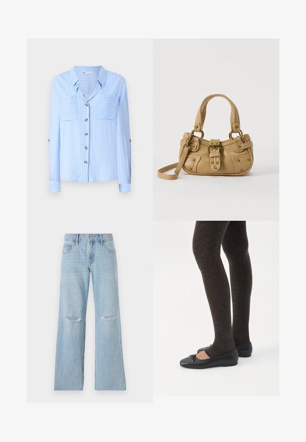 Lys blå langærmet skjorte med lodrette hvide striber, to brystlommer og brune knapper ned foran. Blødt stof med en glat tekstur.; Lyseblå denimjeans med høj talje, bred benlængde og to riftskader ved knæene. Har bæltestropper og forlommer.; Ben iført mørke ribbede leggings kombineret med sorte balletsko med små sløjfedetaljer på hvid baggrund.; Beige læderhåndtaske med dobbelte håndtag, messing spænde og nitte detaljer samt en justerbar skulderrem mod en hvid baggrund.