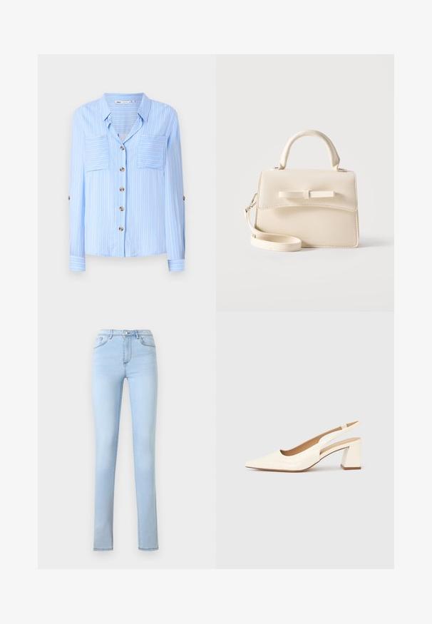 Lichtblauw overhemd met lange mouwen en verticale witte strepen, twee borstzakken en bruine knopen aan de voorkant. Zachte stof met een gladde textuur.; Lichtblauwe slim-fit denim jeans met voorste knoop, ritssluiting en vijfzakkenontwerp, afgebeeld op een effen witte achtergrond.; Slingback pump van glanzend crèmekleurig lakleer, met een spitse neus en een stevige blokhak voor stabiliteit. Minimalistisch ontwerp, zonder versieringen.; Kleine beige handtas met bovenhandvat, afneembare riem, voorflap en decoratieve horizontale strik op een effen achtergrond.