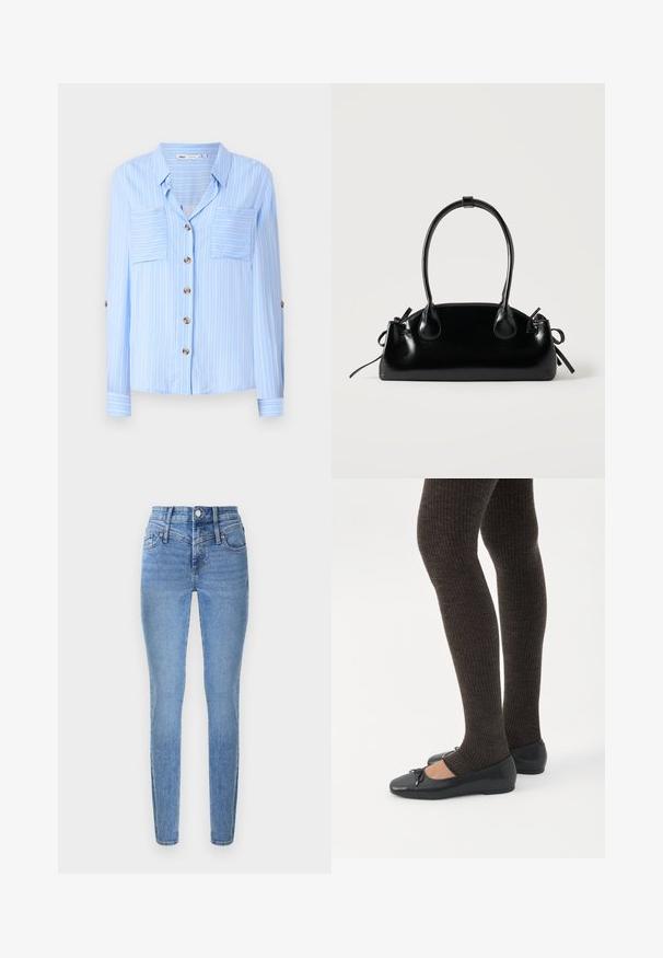 Camisa de manga larga azul claro con rayas verticales blancas, dos bolsillos en el pecho y botones marrones en la parte delantera. Tejido suave con una textura lisa.; Vaqueros ajustados en denim azul claro con cintura alta, dos bolsillos delanteros y cremallera. Presentan una textura suave y un desvanecimiento sutil.; Piernas con leggings oscuros acanalados combinados con bailarinas negras que presentan pequeños detalles de lazo sobre un fondo blanco.; Pequeño bolso negro brillante con dos asas largas y detalles de cordón lateral sobre un fondo claro liso.