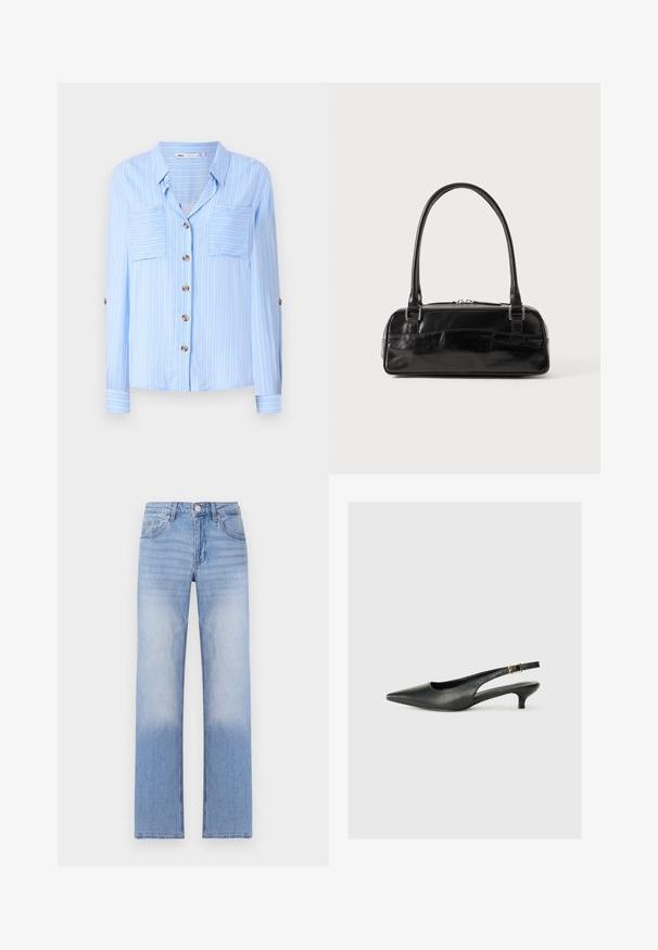 Hellblaues Langarmhemd mit vertikalen weißen Streifen, zwei Brusttaschen und braunen Knöpfen auf der Vorderseite. Weicher Stoff mit glatter Textur.; Hellblaue Denim-Jeans mit geradem Bein, ausgestattet mit einer ausgeblichenen Waschung im unteren Bereich und klassischem Fünf-Taschen-Design.; Schwarzer Slingback-Schuh mit spitzem Zehenbereich aus glattem Leder. Mit einem dünnen Absatz und einer dekorativen Schnalle am verstellbaren Riemen.; Schwarze Lederhandtasche in rechteckiger Form, mit einem stabilen Griff, silbernem Zubehör und Reißverschluss. Glatte Textur.